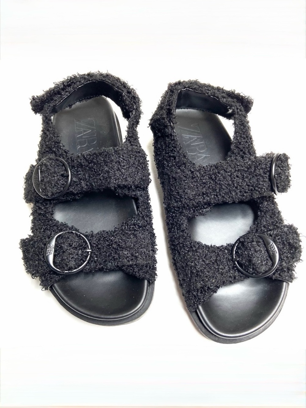 ZARA Black Faux Sherpa Fleece Double Buckle Sandal